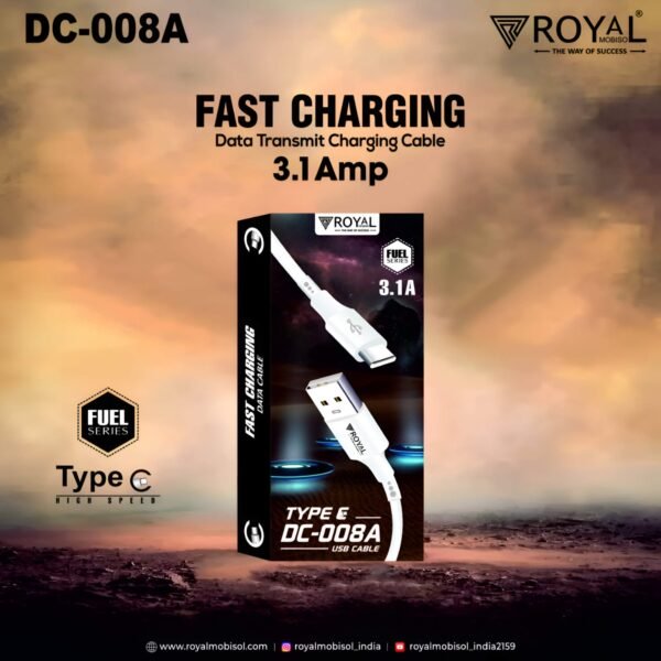 Royal Mobisol DC-008a: Fast-Charging Type-C Data Cable | 3.1 Amp Output | Adaptive Fast Charging